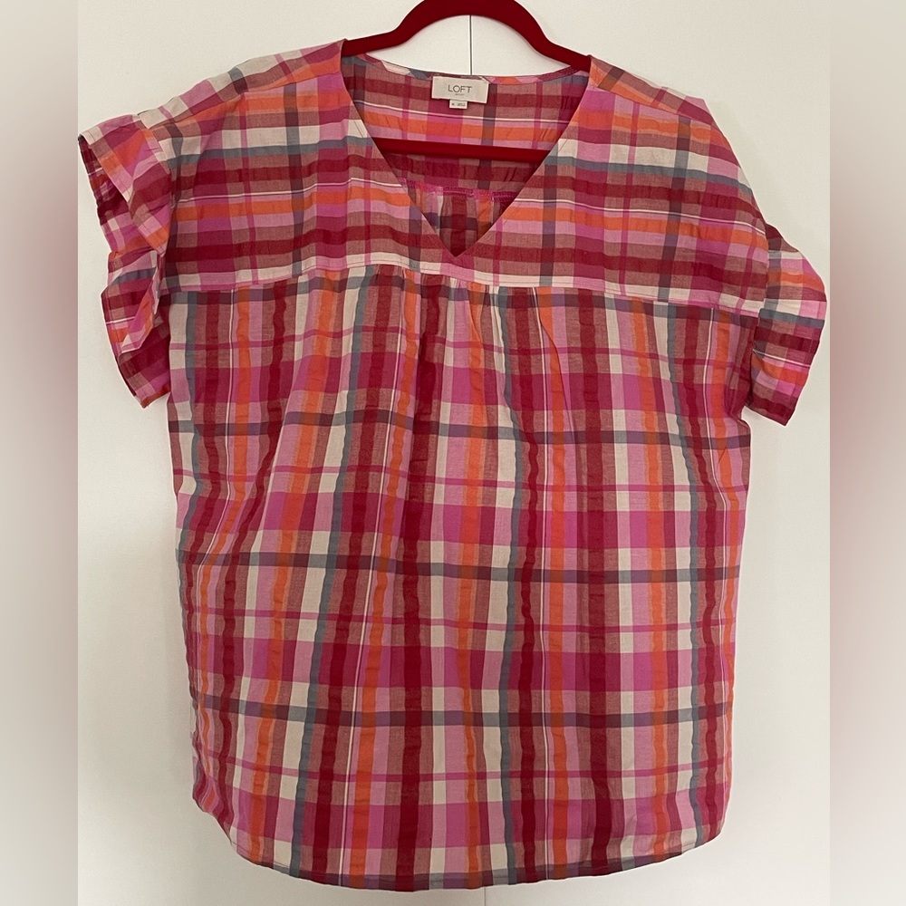 Loft plaid shirt with ruffle sleeves